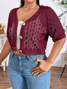 Calvaya Plus Size Casual Solid Color Hollow-Out Knitted Short Sleeve Cropped Cardigan For Summer - Burgundy - View 1