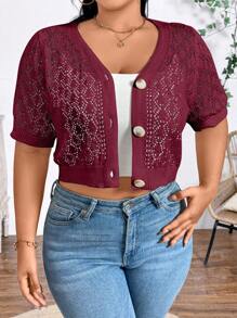 Calvaya Plus Size Casual Solid Color Hollow-Out Knitted Short Sleeve Cropped Cardigan For Summer - Burgundy - View 4