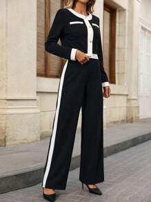 Solivie 2pcs Elegant Contrasting Trim Button-Front Shirt And Pants Set Women Pants Suit