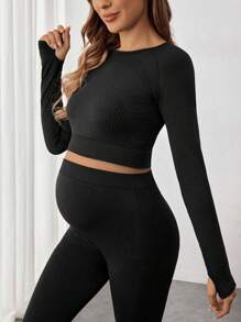 SHEIN Maternity Round Neck Long Sleeve Fitted Casual Solid Color Pullover - Black - View 3