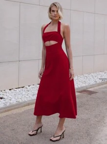 SHEIN Essnce 女式夏季吊带腰中长镂空细节连衣裙 - 紅色 - 查看 6