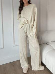 SHEIN Essnce 2 件装秋季新款休闲宽松喇叭阔腿裤女士套装 - 杏色 - 查看 3