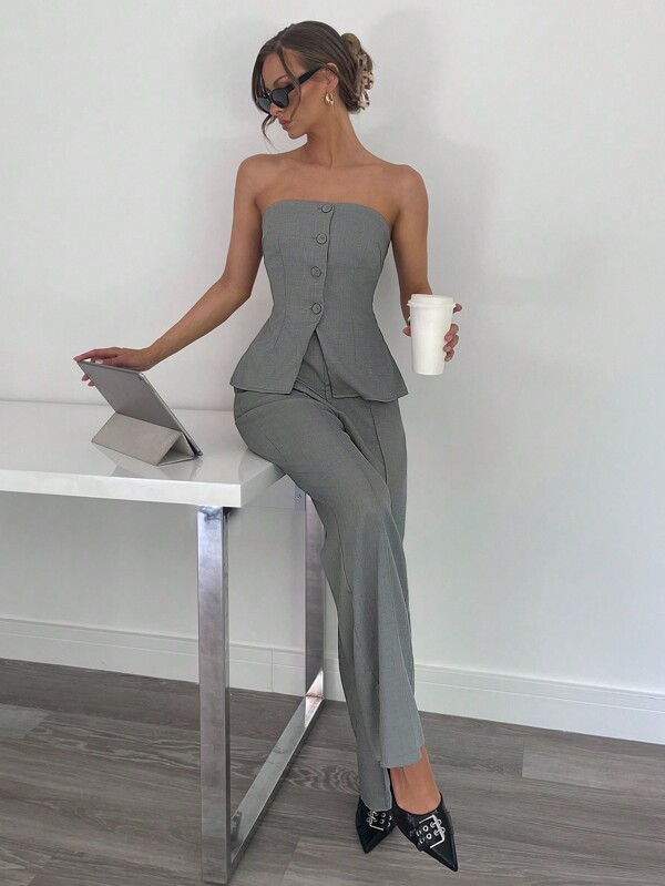 Siren Gaze Women's Strapless Suit Set, Grey, For Office Wear & Teacher Outfits