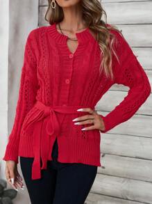 EMERY ROSE Women's V-Neck Button Down Long Sleeve Belted Loose Comfortable Cardigan - Red - View 4