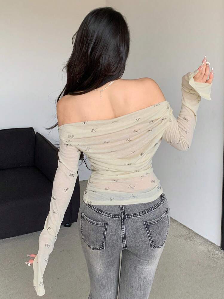 Women's Off-Shoulder Bowknot Floral Print Long Sleeve T-Shirt,Fall Clothes
