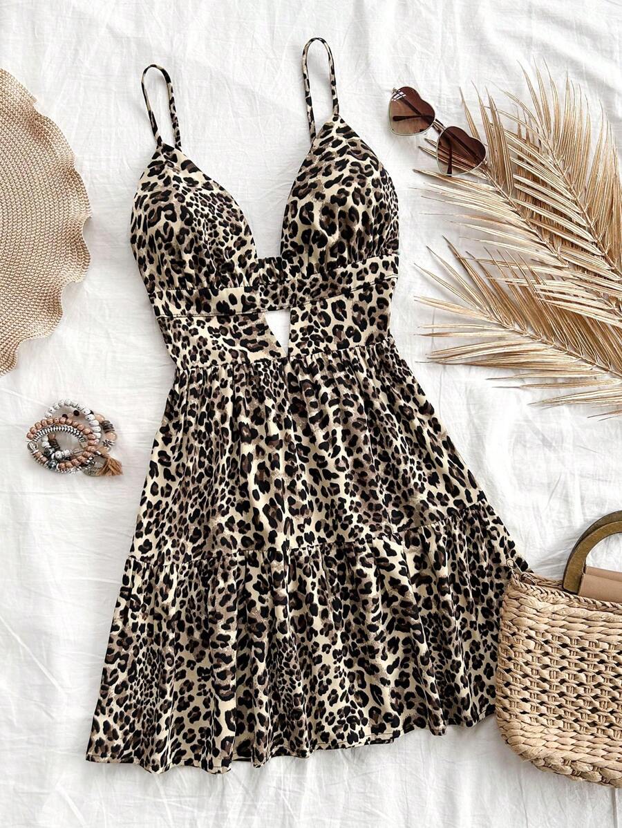 Soleia Vestido de camisa de tirantes negra con estampado floral y dobladillo con volantes combinado con estampado de leopardo para mujer para vacaciones - Multicolor - Ver 1