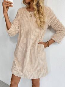 SHEIN LUNE Váy áo dài màu trơn - Màu be - Xem 4