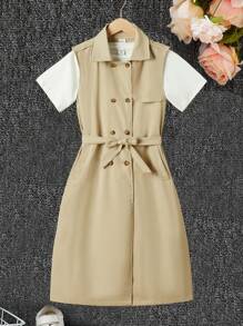 Tween Girls Khaki Sleeveless Shawl Collar Belted Trench Coat - Khaki - View 1