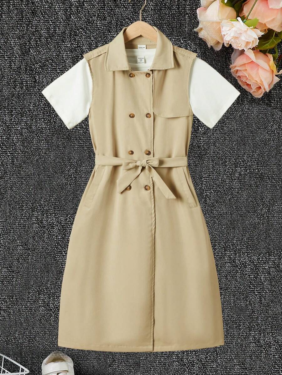Tween Girls Khaki Sleeveless Shawl Collar Belted Trench Coat - Khaki - View 1