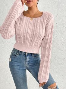 Chiquease Women's Solid Color Crew Neck Long Sleeve Knit Sweater Knit Pullover Fall Winter Outfit - Pink - View 5