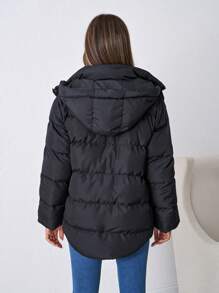 SHEIN Tall Tall Ladies Zip Up Hooded Puffer Coat - Black - View 2