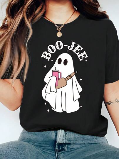 INAWLY Damska koszulka plus size z motywem ducha i tekstem w języku angielskim