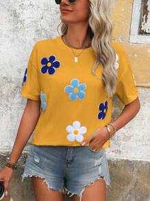 SHEIN LUNE Camiseta de manga corta de cuello redondo holgada con estampado de flores, para verano