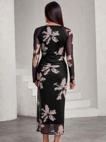 SHEIN Privé Thanh lịch, thời trang và tối giản Màu sắc tương phản Vải lưới Vải ngẫu nhiên In hoa ngẫu nhiên Ruffle Eo Bodycon Dress - Nhiều màu - Xem 2