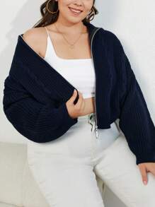 RueChic Cable Knit Drop Shoulder Zipper Cardigan - Navy Blue - View 5