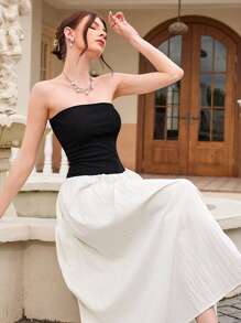 Aveloria Rosie High-End French Design Color Blocking Pleated Bandeau Dress