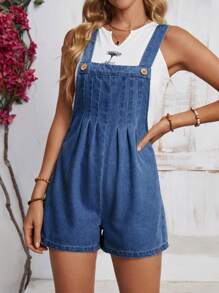 SHEIN LUNE Áo liền quần denim dáng rộng xếp ly trang trí nút dành cho nữ - Rửa tối - Xem 5