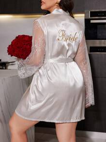 SilkySpell Plus Letter Graphic Contrast Lace Belted White Satin Robe, Fall & Winter - White - View 2