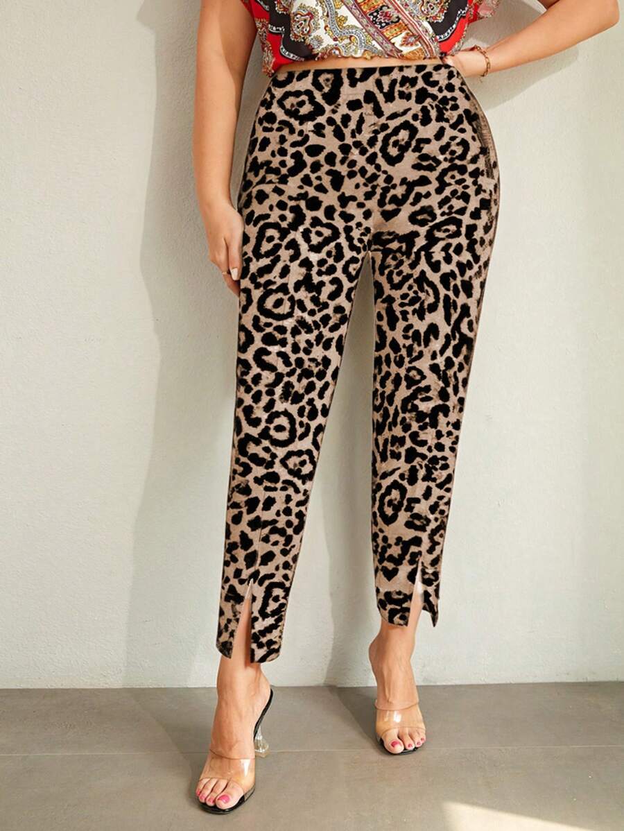 SHEIN Clasi Plus Size Leopard Print Design Fitted Split Hem Skinny Pants - Brown - View 1
