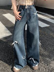 DAZY Quần denim nữ có nơ trang trí thông thường - Màu xanh lam - Xem 6