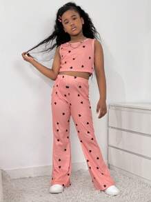 SHEIN Explorewe Tween Girls 心形印花长袖夹克、背心和喇叭裤套装 - 粉色 - 查看 6