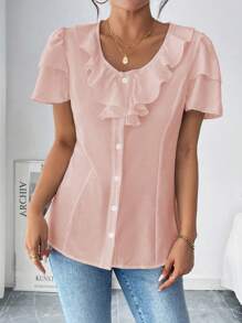 Chiquease Blusa con ribete de volantes y botones delanteros para uso diario - Rosa Pálido - Ver 6