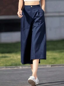 女士夏季纯色休闲阔腿宽松 7/4 长裤带口袋，适合日常休闲、户外和度假穿着