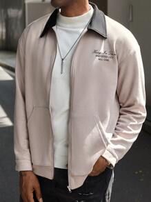 Manfinity Homme Chaqueta con cuello de contraste y gráfico de eslogan para hombres - Rosa - Ver 3