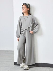 2pcs/Set Tween Girl Casual Criss-Cross Hem Long Sleeve T-Shirt And Loose Pants Outfit, School Style - Multicolor - View 6