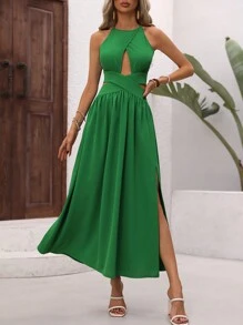 Breezaya Solid Color Hollow Out Split Sleeveless Dress - Green - View 6