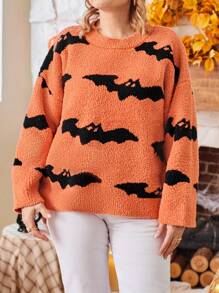 加大码蝙蝠袖橙色蝙蝠图案毛衣，休闲针织套头衫，秋冬款 - 彩色 - 查看 6