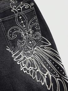 ROMWE Grunge Punk Women's Punk Street Style Tokyo Street Fashion Culture Oversized Embroidered & Rhinestone Decorated Denim Shorts - Black - View 3