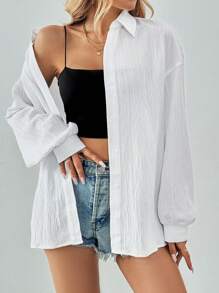 SHEIN Tall Linen Work Blouse Old Fashion Solid Color Long Sleeve Shirt