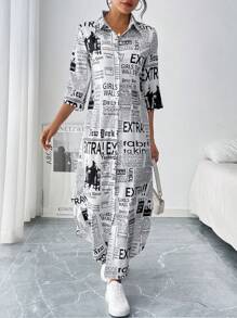 EMERY ROSE Women's Newspaper Print Shirt Dress Maxi Women Outfit - Black and White - View 5