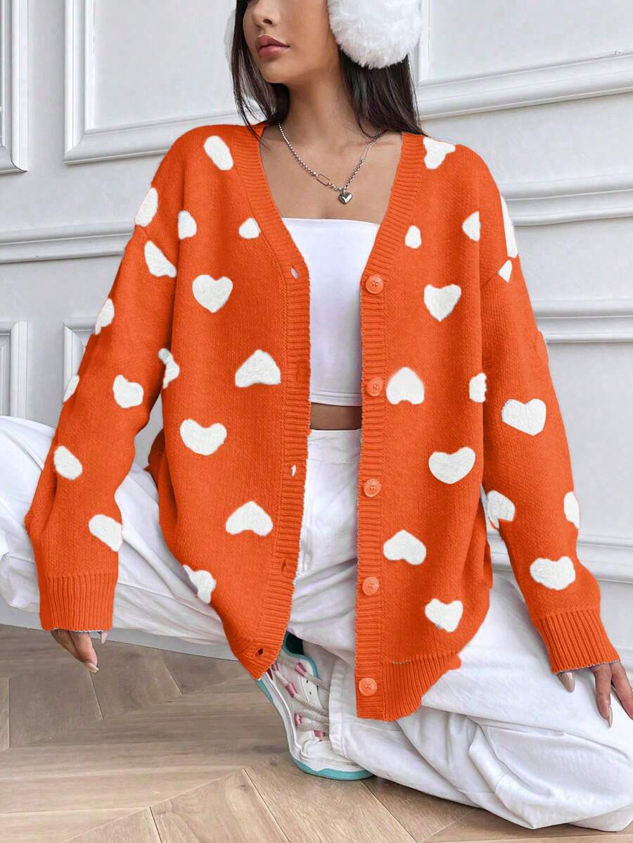 SHEIN Unity Áo len cardigan họa tiết trái tim tay raglan thường ngày cho nữ, mùa thu/đông - Nhiều màu - Xem 1