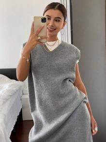 DAZY Women's Solid Color V-Neck Sleeveless Sweater Dress Fall,Winter - Grey - View 8