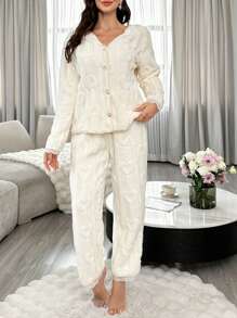 Women's Lace Fleece V-Neck Long Sleeve Top And Straight Casual Pants Pajama Set