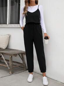 SHEIN LUNE Women'S Solid Color Strap Jumpsuit - Black - View 3