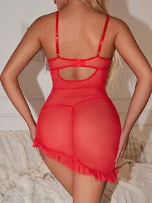 2pcs/Set Ladies Sexy Lace Contrast Mesh Nightgown - Red - View 2