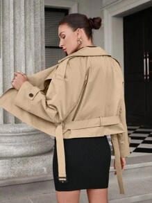SHEIN Privé Fashionable Casual Box Design Short Trench Coat With Waistbelt Fall Cloth For Women - Khaki - View 2