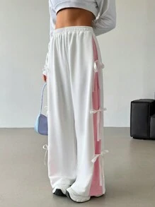 SHEIN EZwear Women's Elastic Waist Contrast Color Straight Leg Casual White Sweatpants With Bow Tie Graduation,Back To School Outfits,Graduation,Teacher Outfits For Women,Back To School