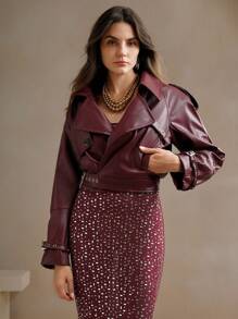 Anewsta Women Spring Autumn Plain Stand Collar Long Sleeve PU Leather Loose Short Casual Jacket - Burgundy - View 7