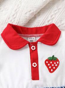 SHEIN Vintaside Kids 2pcs Baby Girls' Ruffled Strawberry Top Matched With Cartoon Denim Skirt Set - White - View 3