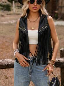 SHEIN VCAY Women's Solid Color Sleeveless Fringed Jacket,Fall Women Clothes - Black - View 1