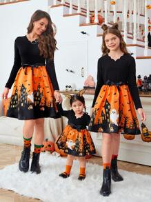SHEIN Essnce Women's V-Neck Waist-Tie Shell-Trim Halloween Print Long Sleeve Mini Dress  Autumn Cute Cartoon Print Patchwork Waist Long Sleeve Dress For Halloween,Black