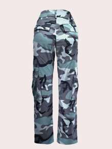 Women's Casual Camouflage Print Straight-Leg Cargo Pants - Teal Blue - View 4