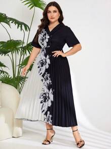 Lacomfia Plus尺寸花卉印花褶皺下擺襯衫連衣裙