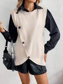 Chiquease Áo vest dệt kim thông thường cổ tròn một hàng khuy màu trơn cho nữ mùa xuân và mùa thu - Màu be - Xem 1