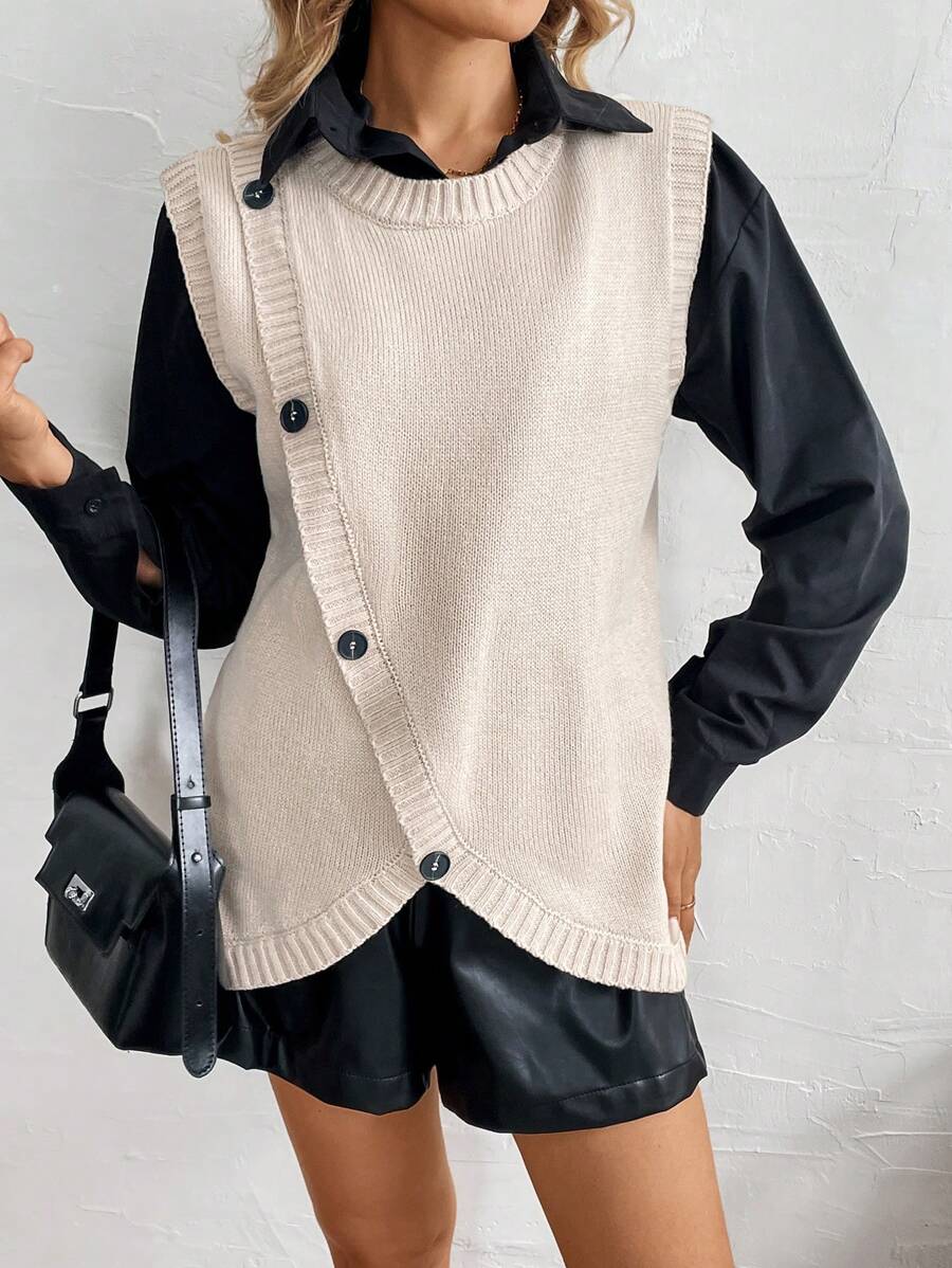 Chiquease Áo vest dệt kim thông thường cổ tròn một hàng khuy màu trơn cho nữ mùa xuân và mùa thu - Màu be - Xem 1