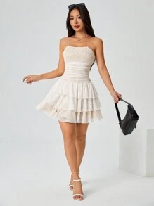 SHEIN PETITE Váy hoa mai xếp li đơn giản màu trơn cho nữ - Màu be - Xem 4